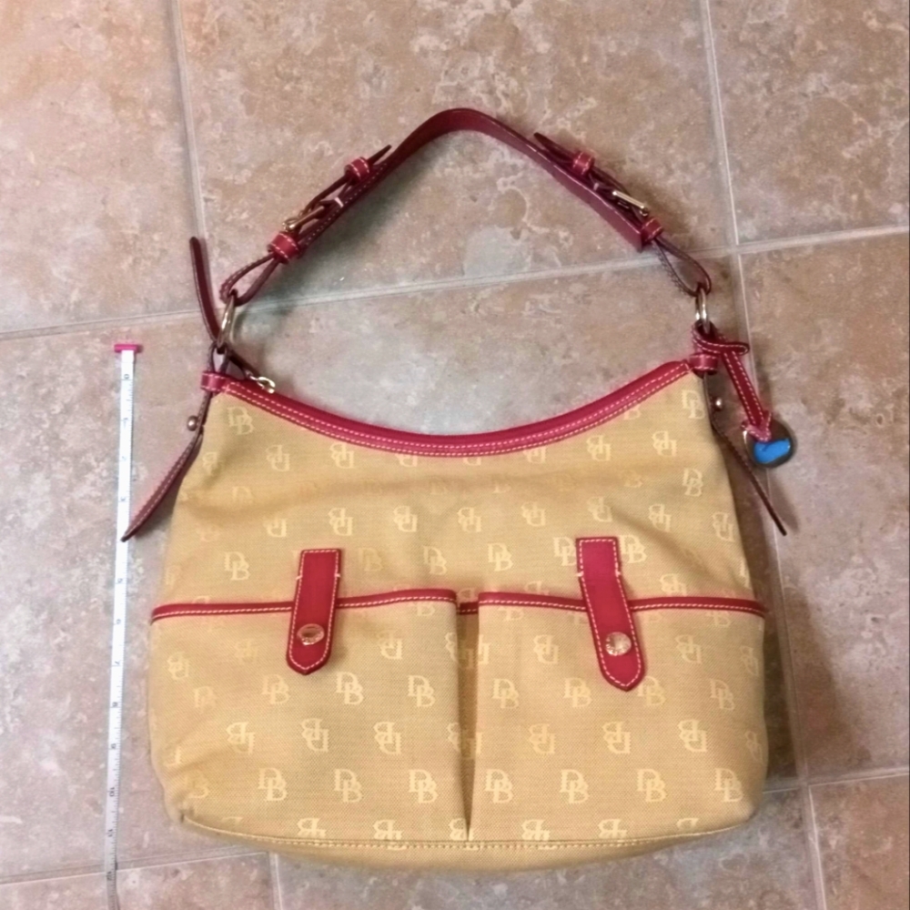 Dooney & Bourke Tan Monogram Canvas-Red Leather Trim Shoulder Bag